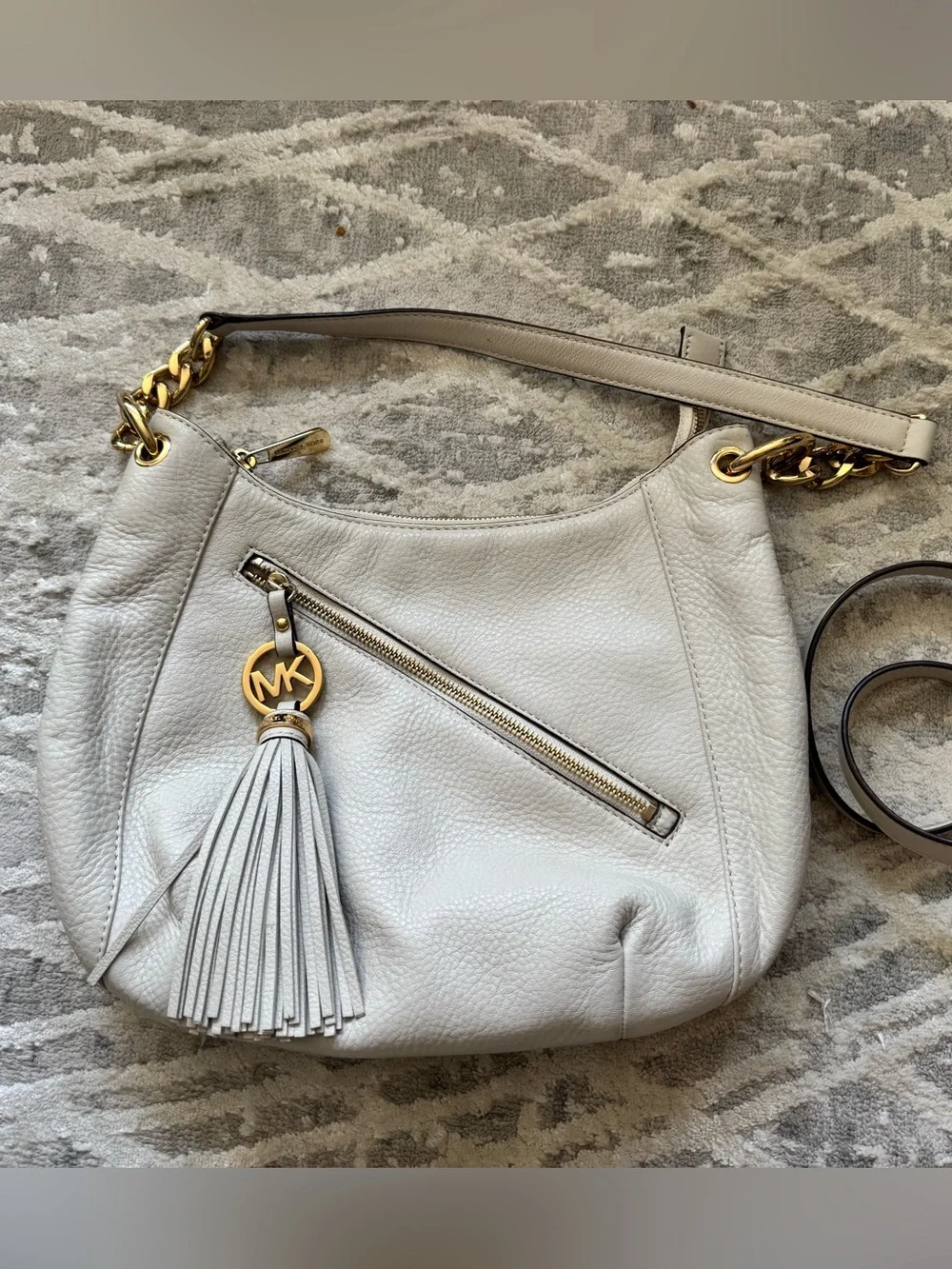 Michael Kors Cream Pebbled Leather Shoulder Hobo with Tassel and Gold Hardware